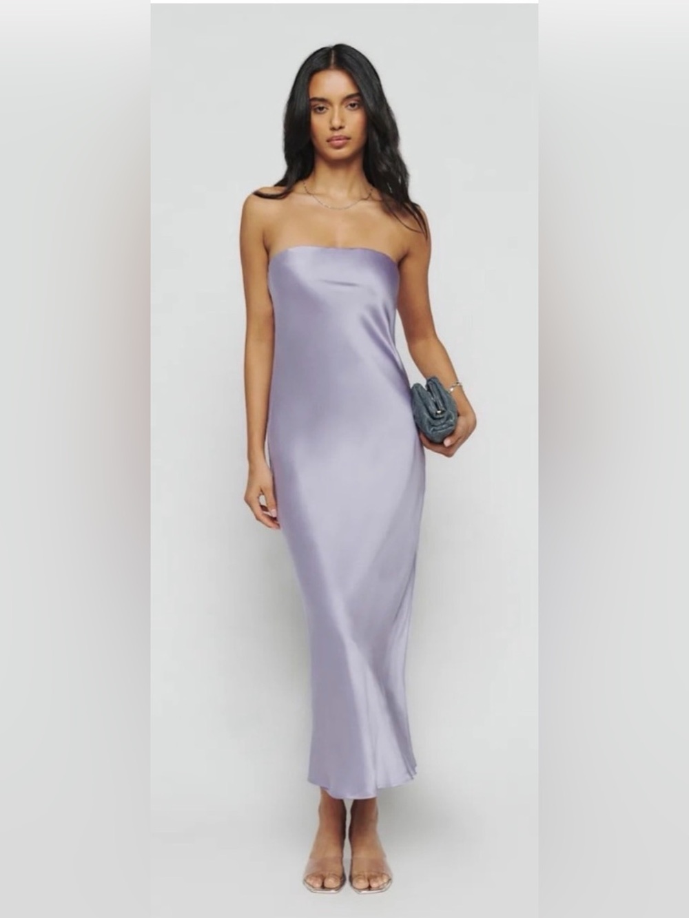 Reformation Lilac Satin Strapless Dress